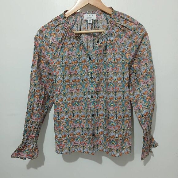 J crew womens small liberty fabric scallop cuff pink blue ditsy Floral shirt - Picture 3 of 6